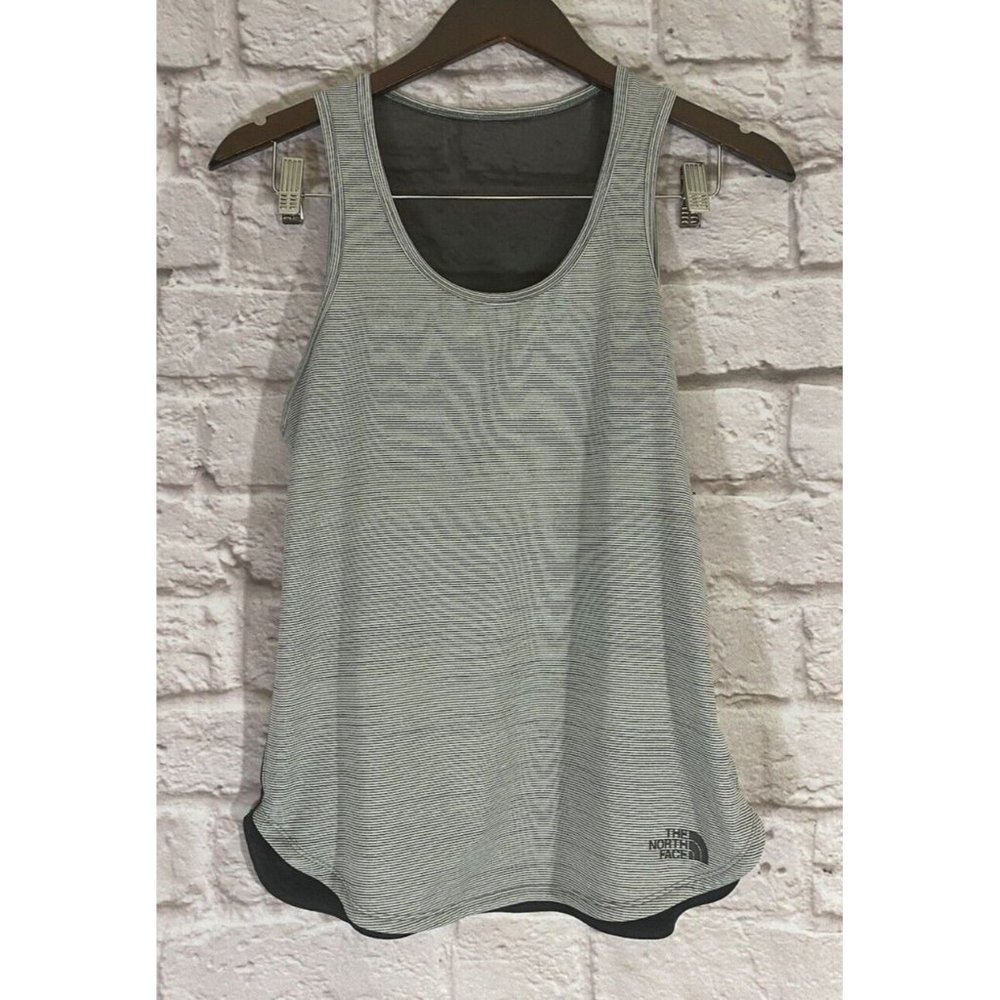 The North Face Flashdry Tank Top Womens Small Gray Stripe Black Back 9315